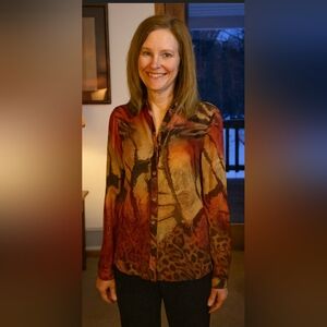 Da Nang Silk Orange Brown Animal Print Long Sleeve Button Down Blouse NWOT XS